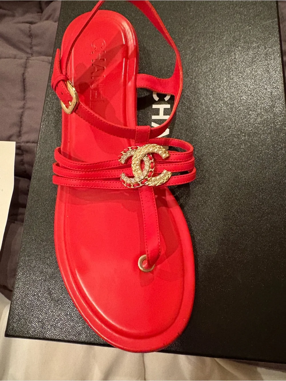 CHANEL Red CC T-Strap Sandals with Crystal Logo